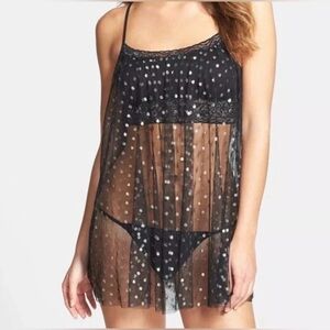 NWT BETSEY JOHNSON POINT DESPRIT BABYDOLL WITH THONG SET BLACK WITH SILVER SMALL